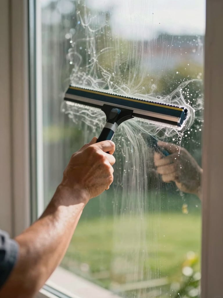 Close-up of a professional window cleaner's hands drawing a squeegee across a large residential pane in morning sunlight, the glass going streak-free behind the tool, green lawn reflected faintly below