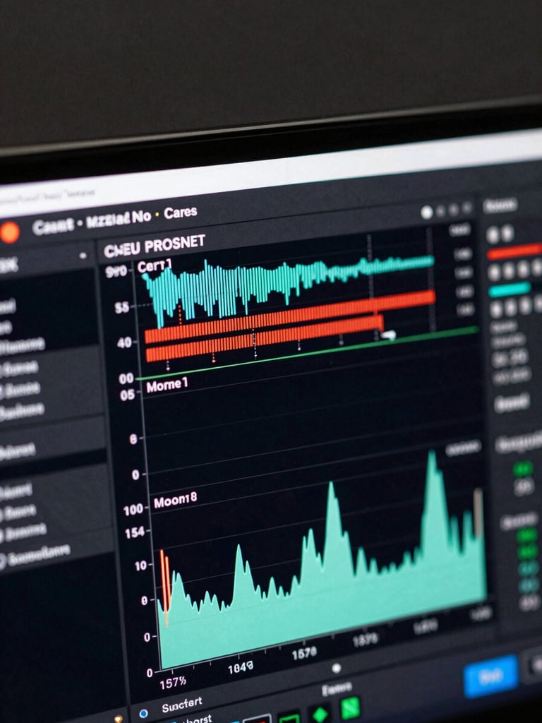 Extreme close-up of an Android device screen displaying a live performance profiler dashboard — CPU threads, frame timing, memory graph — lit by cool flat studio strobe, dark background, sharp focus on the metrics readout