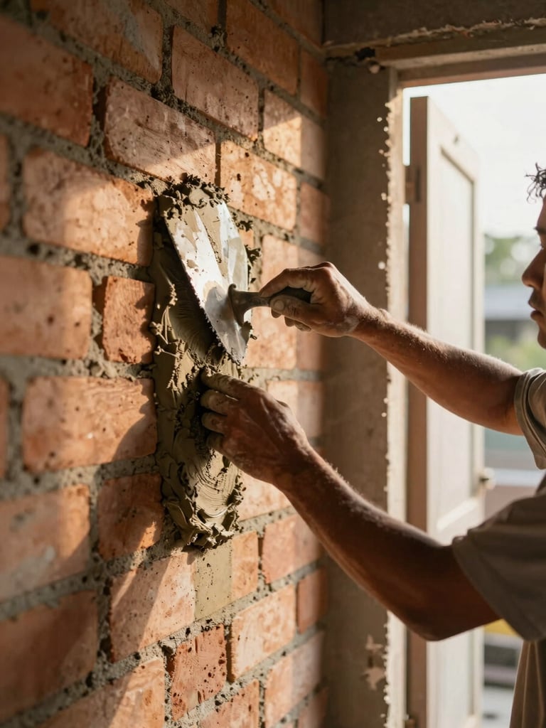Close-up medium shot of a plasterer's hands smoothing wet mortar onto a brick wall inside a Nganjuk home under construction, warm golden daylight from an open doorway on the right, trowel edge catching the light, rough texture of fresh plaster visible