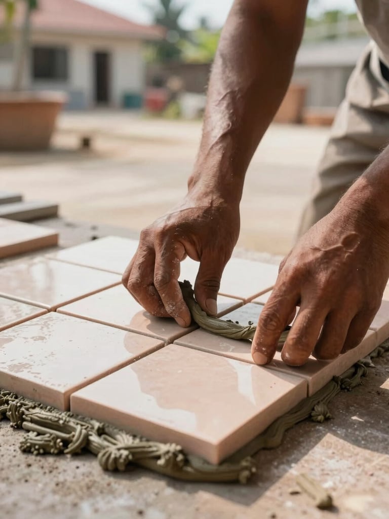 Close-up of a craftsman's hands pressing ceramic tiles into fresh mortar on a floor, warm north-facing daylight illuminating the grout lines and the textured tile surface, Nganjuk residential site in the background