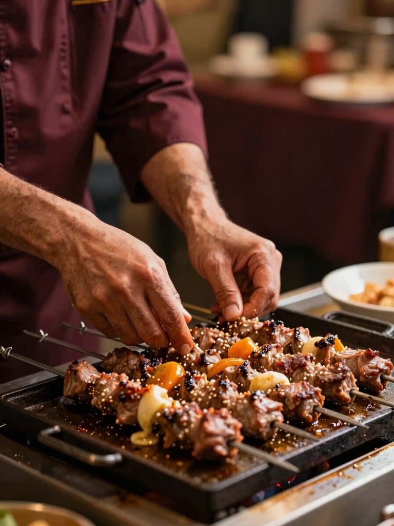 Medium shot of a chef's hands pressing seekh kebab mixture onto metal skewers above a glowing tawa, close framing showing technique and texture, warm tungsten light catching the meat surface, blurred event venue background in deep maroon tones
