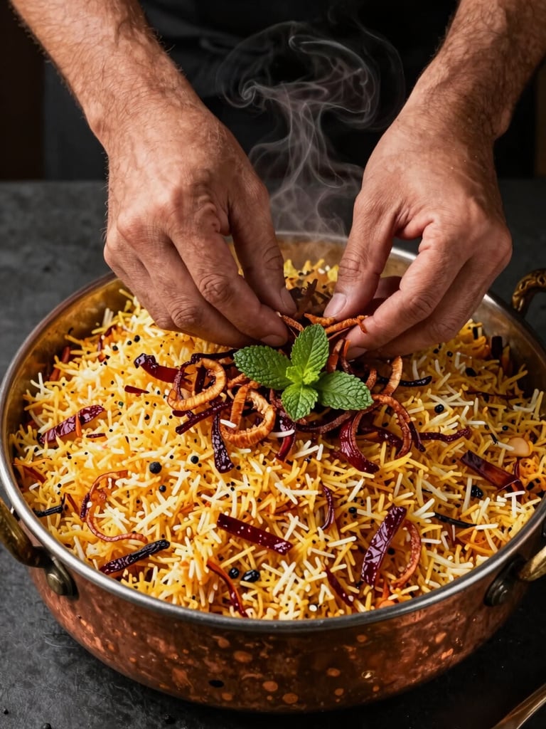 Close overhead flat-lay of a chef's hands placing garnish of fried onions and fresh mint onto a massive serving of biryani in a wide copper vessel, warm tungsten studio lighting, saffron-tinted rice visible with whole spices, steam rising gently, rich jewel tones of gold and maroon in the rice, dark counter surface below