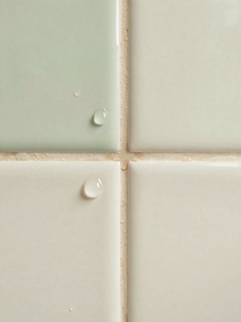 Macro shot of sparkling clean white bathroom tile grout, water droplets reflecting soft natural light, pristine and clinical-grade hygiene, warm editorial photography style