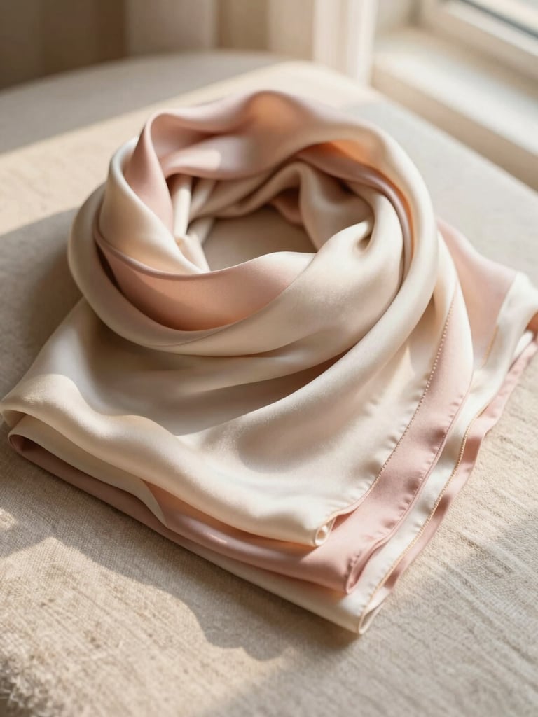 A close-up flat-lay of premium silk scarves in soft pink, cream, and beige tones, neatly folded on a textured linen surface with a subtle gold accessory reflecting warm natural sunlight.