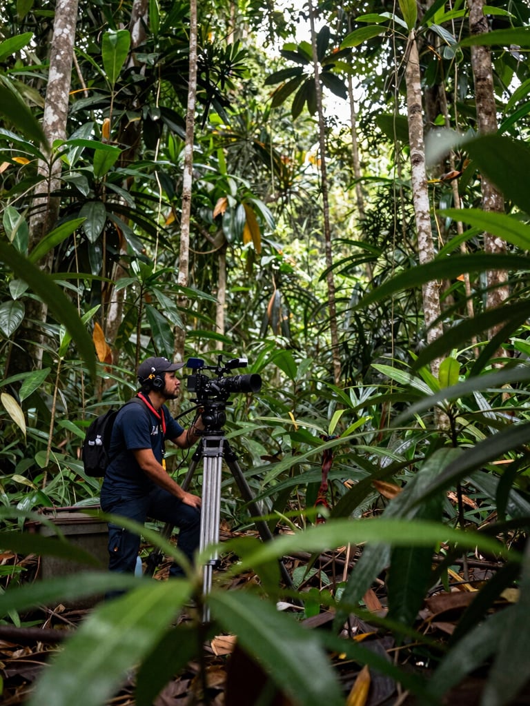 Wide environmental shot from the left edge, a journalist crouching beside a broadcast camera on a tripod in dense Amazonian forest undergrowth, equipment cables visible, natural diffused daylight filtering through the canopy, foreground foliage blurred, sense of isolation and focus