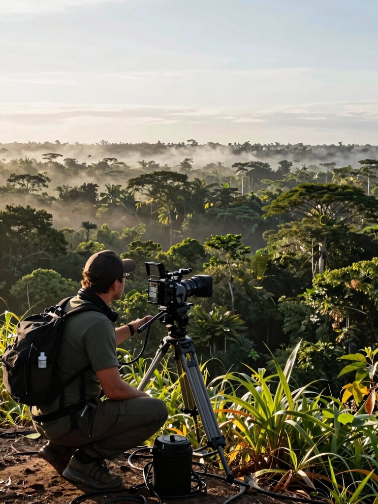 Wide environmental shot, low horizon — a field journalist crouches over a broadcast camera mounted on a tripod at the edge of dense Amazon jungle, early morning side-light cutting through canopy mist, equipment cables visible in foreground, vast green canopy stretching to the horizon behind