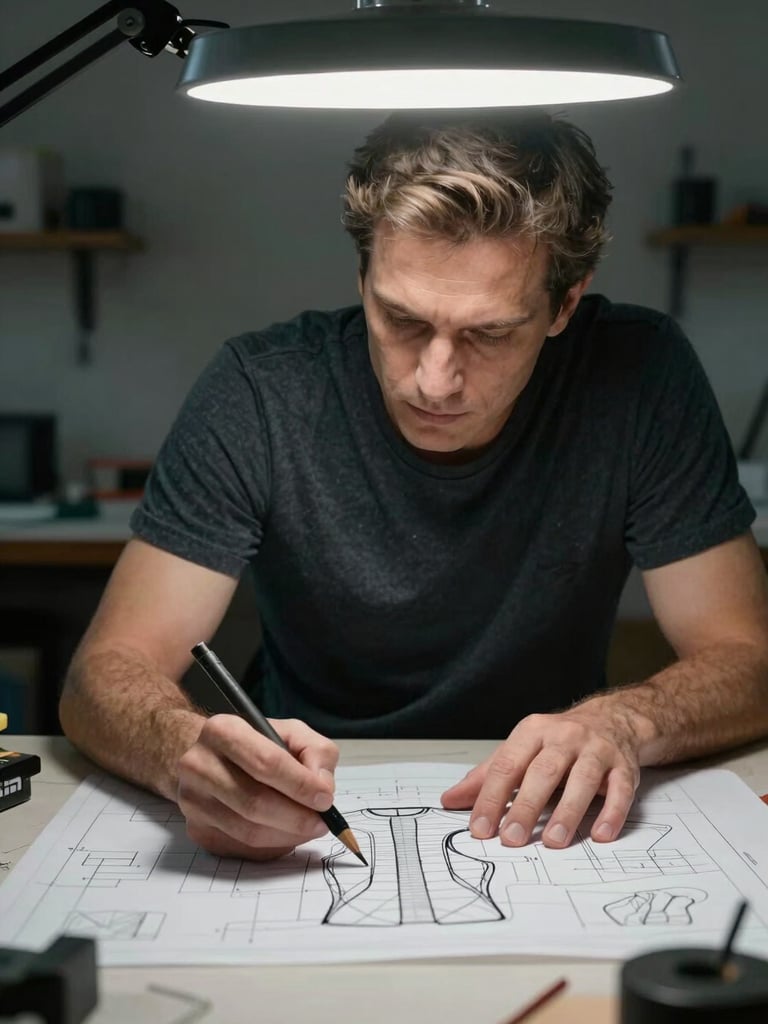 A close-up portrait of a master pattern-maker in a dimly lit studio, analyzing a technical sportswear blueprint under a sharp neon volt key light, high-contrast shadows.