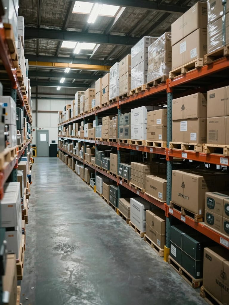 Slightly elevated angle looking down a long warehouse aisle, shelves of boxed government-spec equipment receding into the distance, neutral daylight from high clerestory windows, cool-toned industrial lighting, no people visible — operational readiness, not service relationship