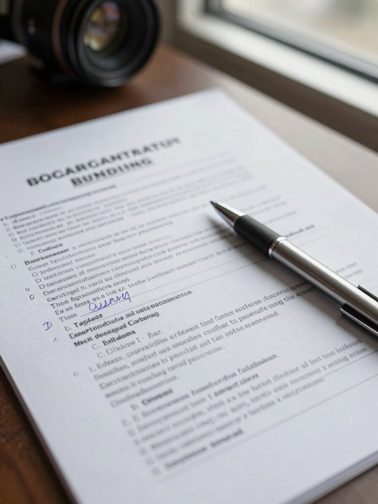 Close-up overhead view of a printed government bid edital spread on a desk, handwritten annotations in the margins, a pen resting across the page, natural office daylight from a nearby window