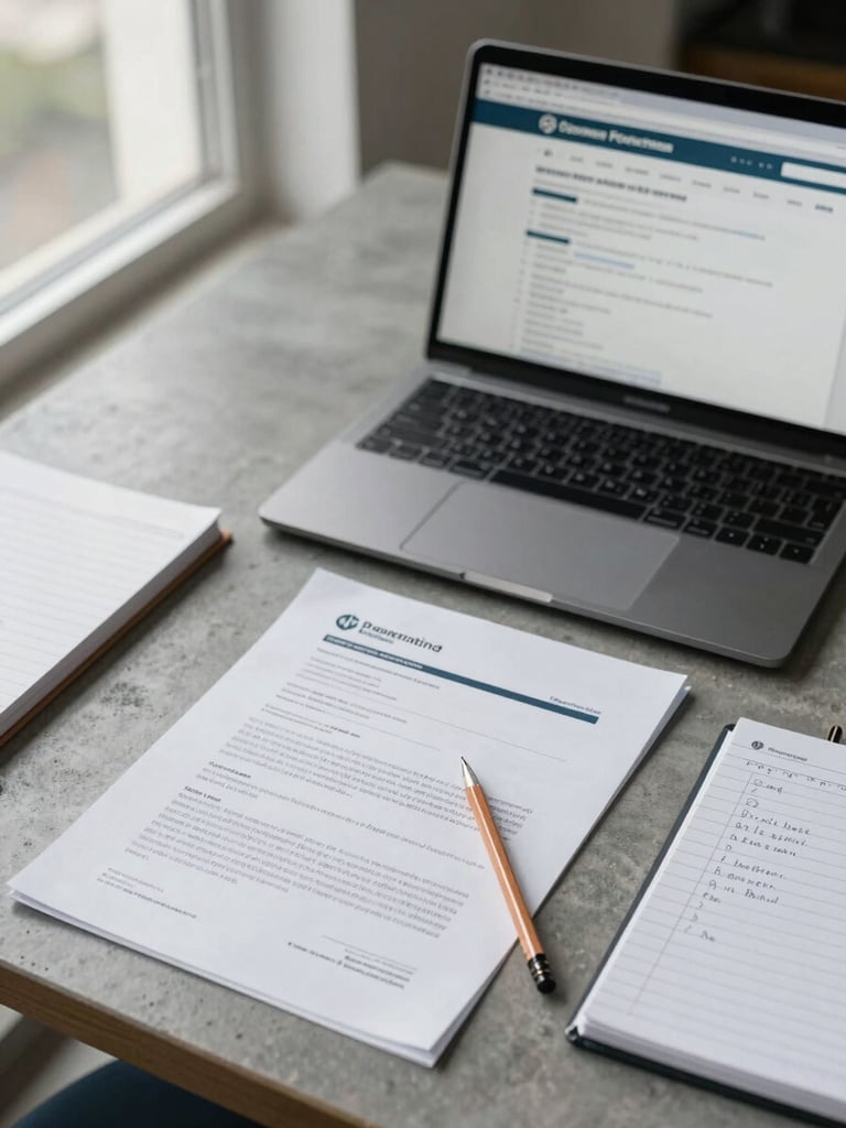 A laptop, printed documents, and a notebook with a pencil on a desk for remote work and office productivity.