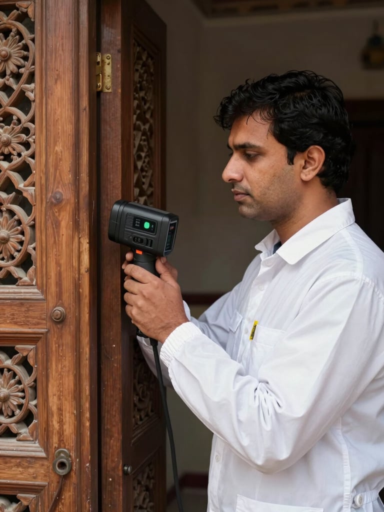 A professional pest control technician in a crisp white branded uniform using a thermal imaging camera to inspect a carved wooden door frame inside a historic Rajasthani property.