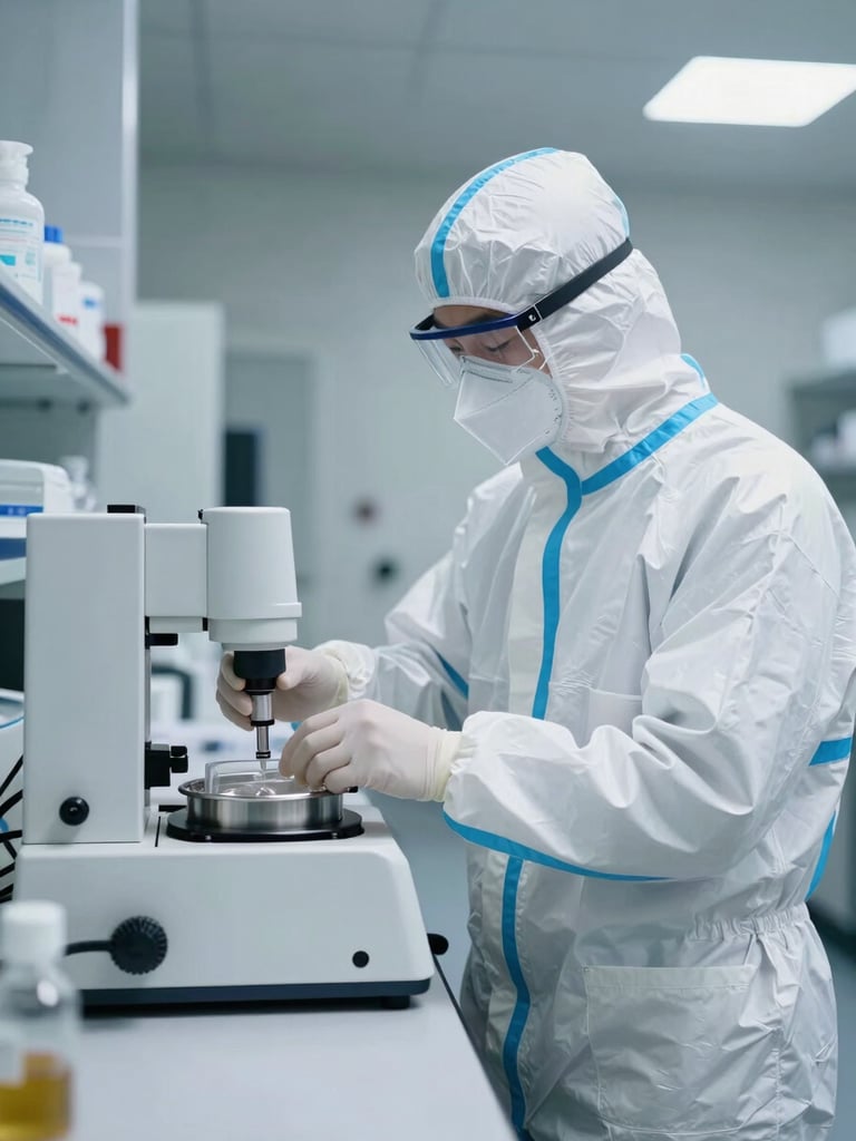 A scientist in full sterile PPE operating a dissolution tester in a brightly lit, modern quality control laboratory, clinical white and deep navy tones.