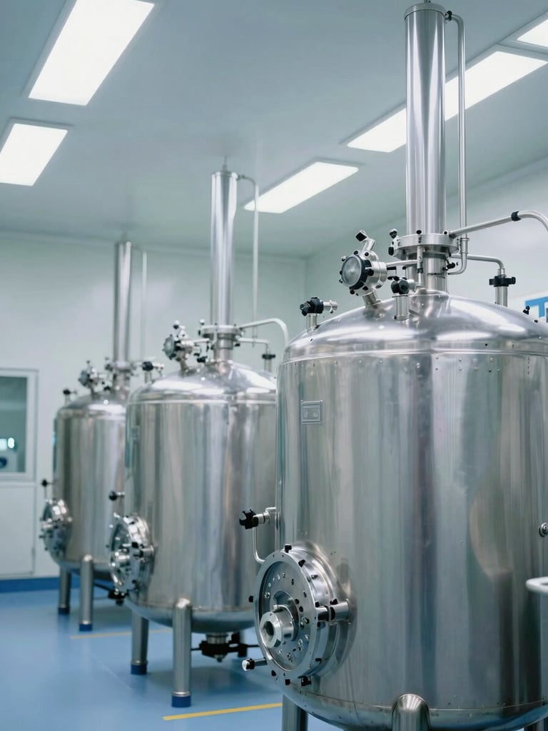 Strict vertical framing of a sterile pharmaceutical cleanroom, stainless steel bioreactor tanks, cool overhead LED lighting, white and navy blue technical environment.