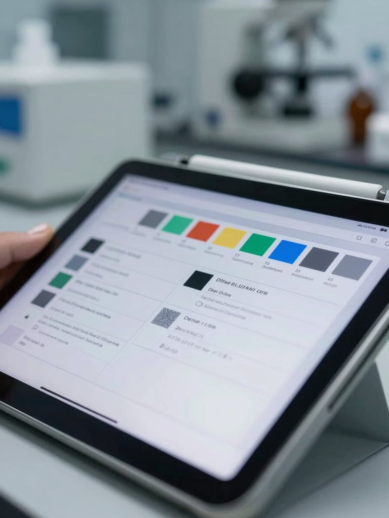 Detailed close-up of digital calibration log on a tablet screen inside a sterile pharmaceutical laboratory, cleanroom background.