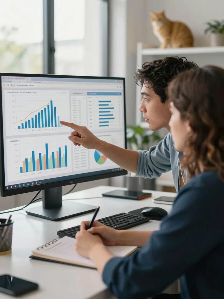 Medium shot of two colleagues in a bright office reviewing a large monitor showing analytics dashboards with bar charts and line graphs, one person pointing at the screen data, a woman with wavy highlighted hair taking notes beside them, natural daylight from windows, a yellow cat visible on a nearby shelf in soft background focus