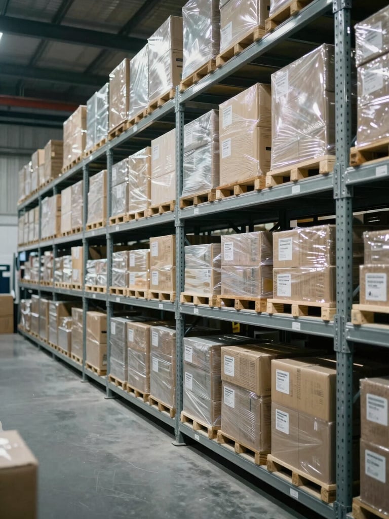 Wide environmental shot of an organized commercial supply area, floor-to-ceiling steel shelving with labeled inventory in even cool daylight, no people, emphasizing order and scale