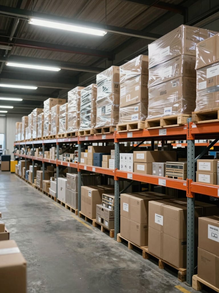 Wide-angle view of an organized industrial supply area, shelving units loaded with labeled inventory under bright overhead fluorescent lighting, concrete floor, no people, emphasis on order and scale