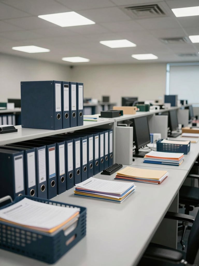 Tight wide-angle view of a facilities administrative workspace, rows of organized file systems and document trays on a clean desk under bright studio overhead lighting, emphasizing precision and control