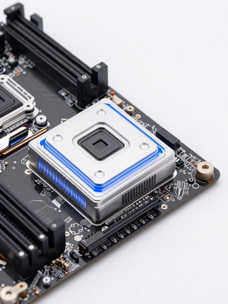 Macro shot of high-end PC motherboard, clean silver and black heatsinks, electric blue ambient lighting, crisp studio product photography, 50mm lens
