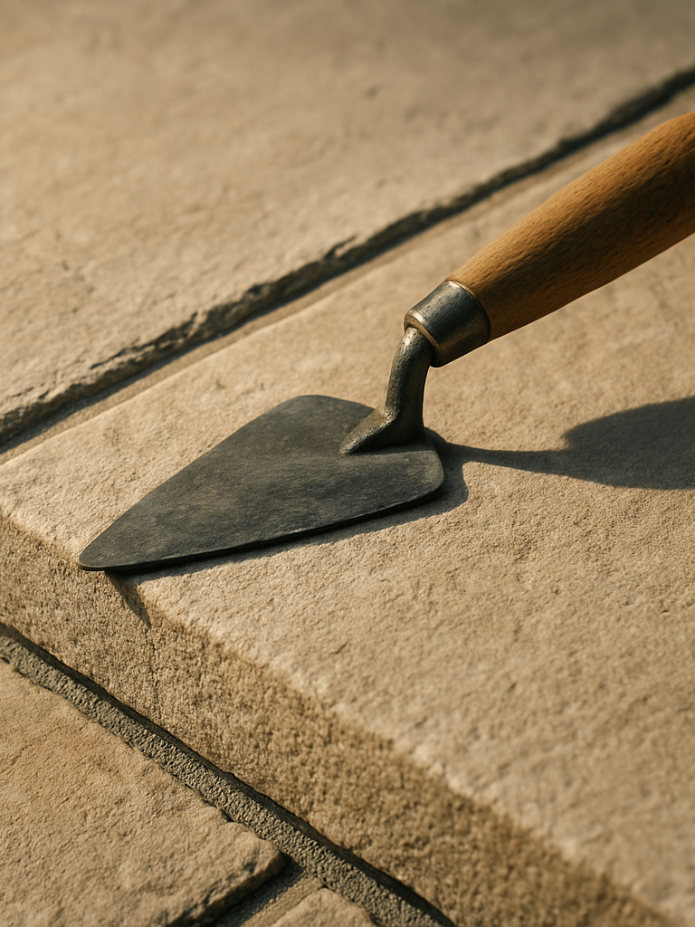 Close detail of a freshly pointed patio edge, trowel resting on the stone surface, mortar joint clean and precise, natural afternoon light raking across the texture