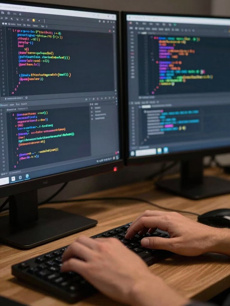 Close-up of a developer's hands typing on a keyboard with multiple code editor windows visible on a widescreen monitor showing SQL query execution plans and performance metrics, studio-quality directional lighting, sharp documentary framing