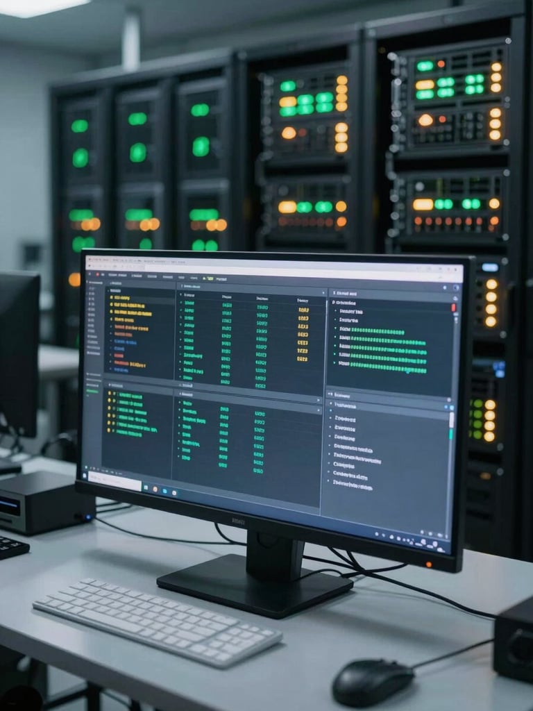 Wide-angle view of a database administration console on a large monitor in a dimly lit server operations room, green and amber status indicators glowing across racks in the background, clean and precise framing, professional documentary lighting