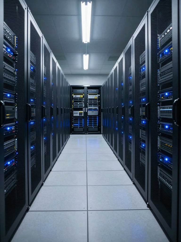 Wide environmental shot inside a clean enterprise server room, rows of illuminated rack servers receding into depth, cool blue indicator lights, bright overhead fluorescent lighting casting sharp shadows on the floor, no people visible, shot from a low angle emphasising scale