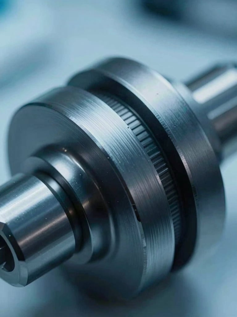Macro close-up of a high-precision machined alloy component with clean technical lines, cool laboratory lighting, deep obsidian and cyan tones, sharp focus, 35mm