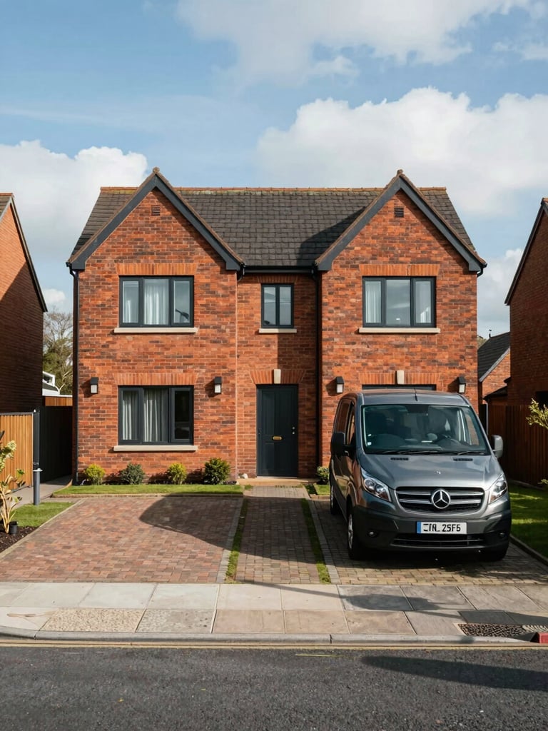 Straight-on eye-level shot of a modern brick house in Wigan under bright daylight, featuring a wide driveway with a parked van.