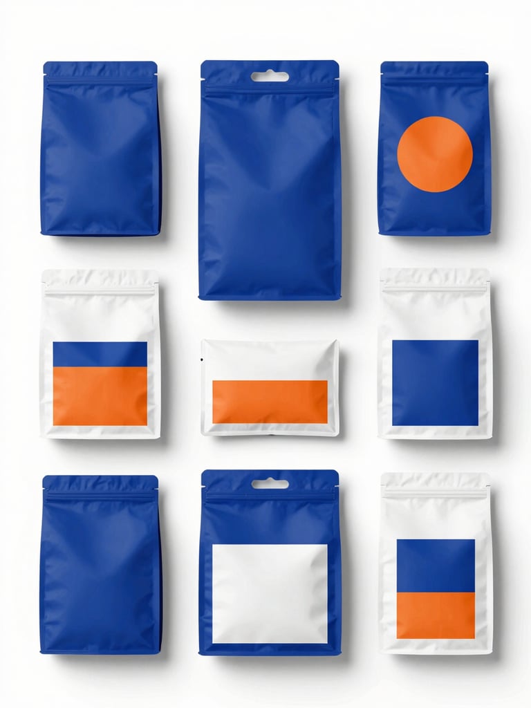 A straight-on flat lay of neatly arranged lifestyle home goods and retail packages on a crisp white background with sharp cobalt accents, bright high-key studio lighting.