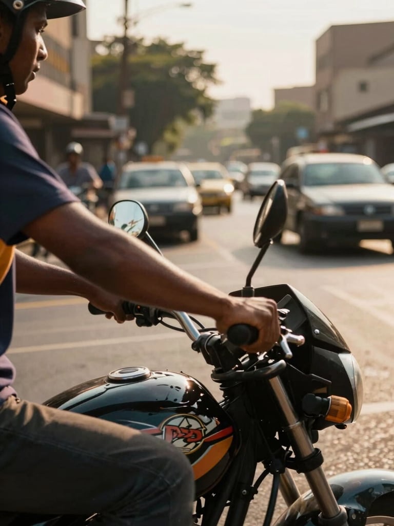 Delivery driver in action on a busy Johannesburg street during golden hour, close-up dynamic low-angle shot of hands on motorcycle handlebars, warm natural daylight, 35mm.
