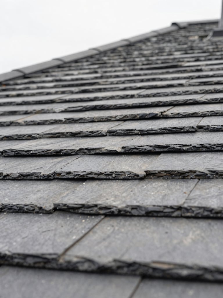 Macro close-up of slate roofing tiles on a historic building, clean architectural detail, overcast daylight, desaturated neutral tones, 35mm