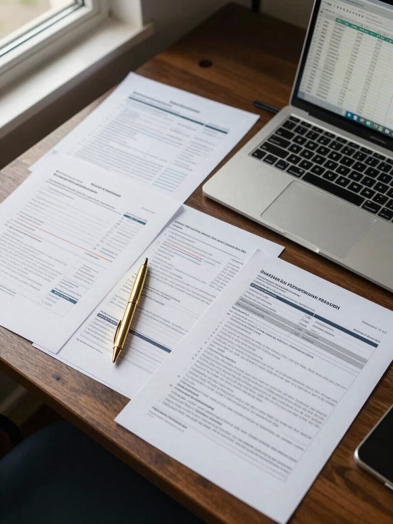 Overhead flat-lay of an organized desk: neatly arranged tax documents, a gold pen, and a laptop showing a spreadsheet, soft window light from the left, precise and ordered