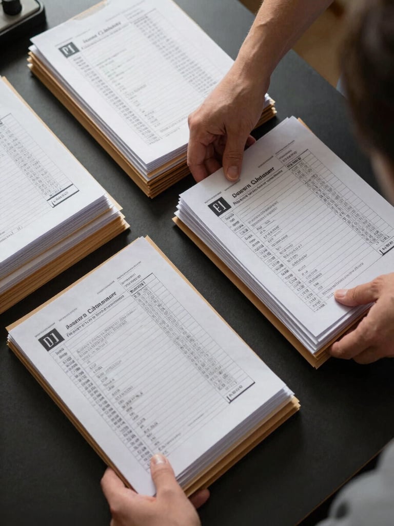 Close overhead view of hands organizing a set of tax filing folders on a dark desk surface, documents labeled and sorted in parallel rows, soft studio light from above, crisp shadows, no person visible above the wrists
