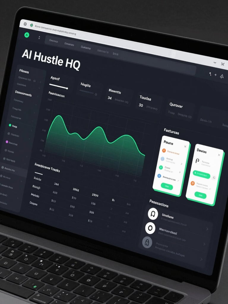 Crisp, high-contrast dark mode UI mockup of the AI Hustle HQ dashboard, showing traffic analytics and featured tool cards with electric green borders.