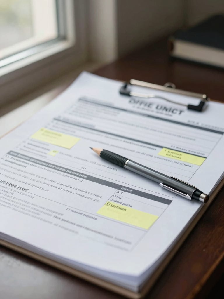 Close-up environmental shot of a patent prosecution file open on a desk — annotated office action response pages, sticky notes with numbered claim amendments, a mechanical pencil resting across the document, overhead natural light from a tall window to the left, shallow depth of field, no people