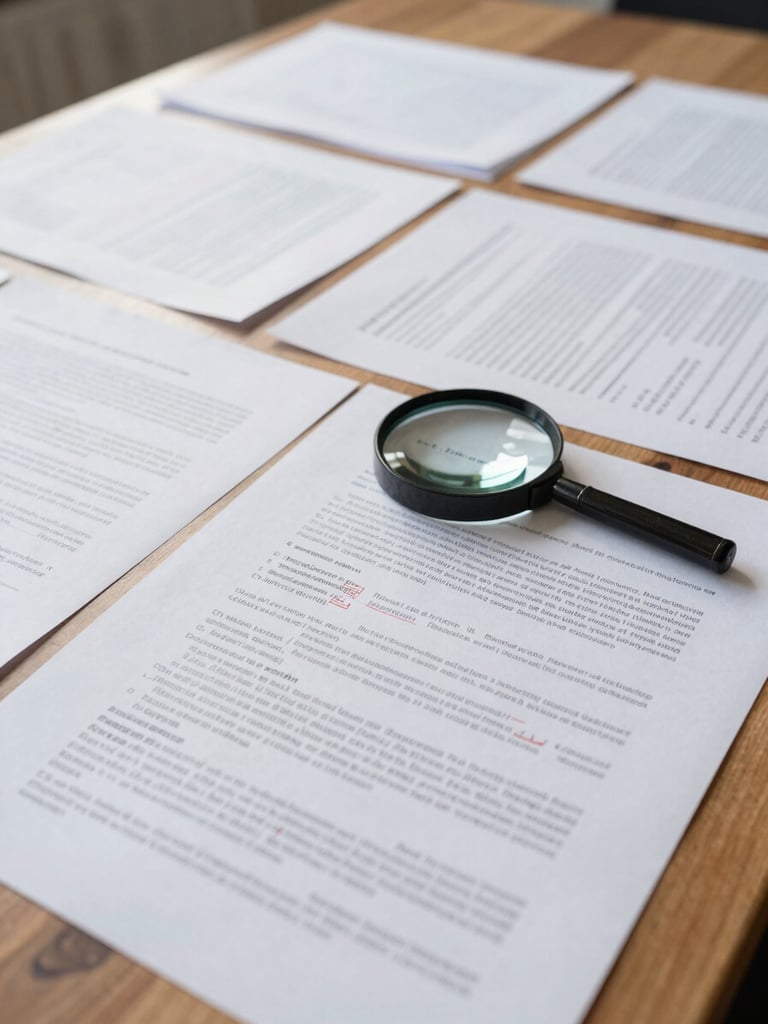 Wide environmental shot looking across a large wooden desk, patent draft documents spread open and marked up in red pen, a magnifying glass resting on a dense claims page, overhead diffused natural light, no people visible, document text fills the foreground frame