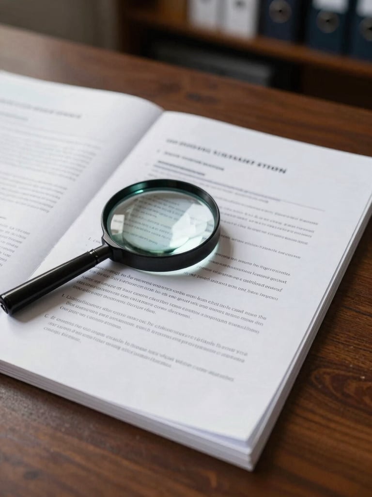 Wide environmental shot of a patent filing document spread across a dark mahogany desk, a magnifying glass resting on densely typed claim language, overhead diffused studio light casting clean shadows, no hands visible, the document edges sharp and the background a blurred office shelf