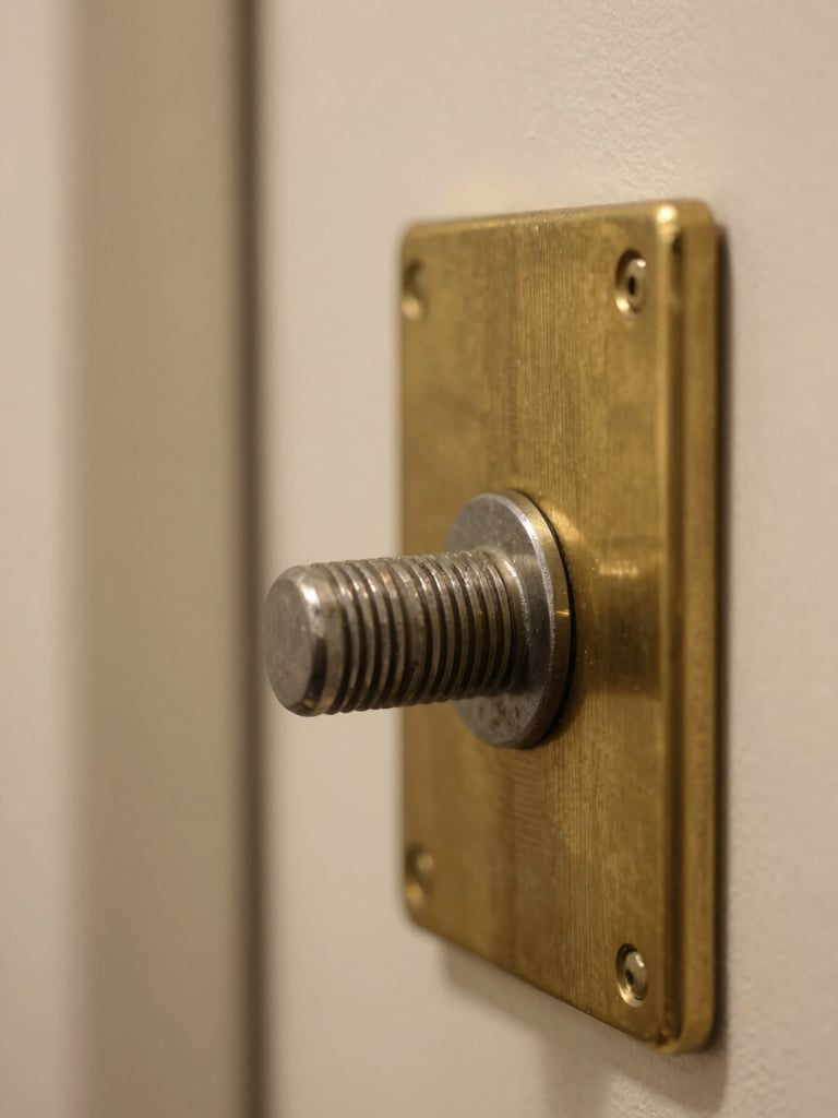 Macro shot of a heavy steel lock bolt sliding into a solid brass strike plate, soft warm hallway light, metallic textures