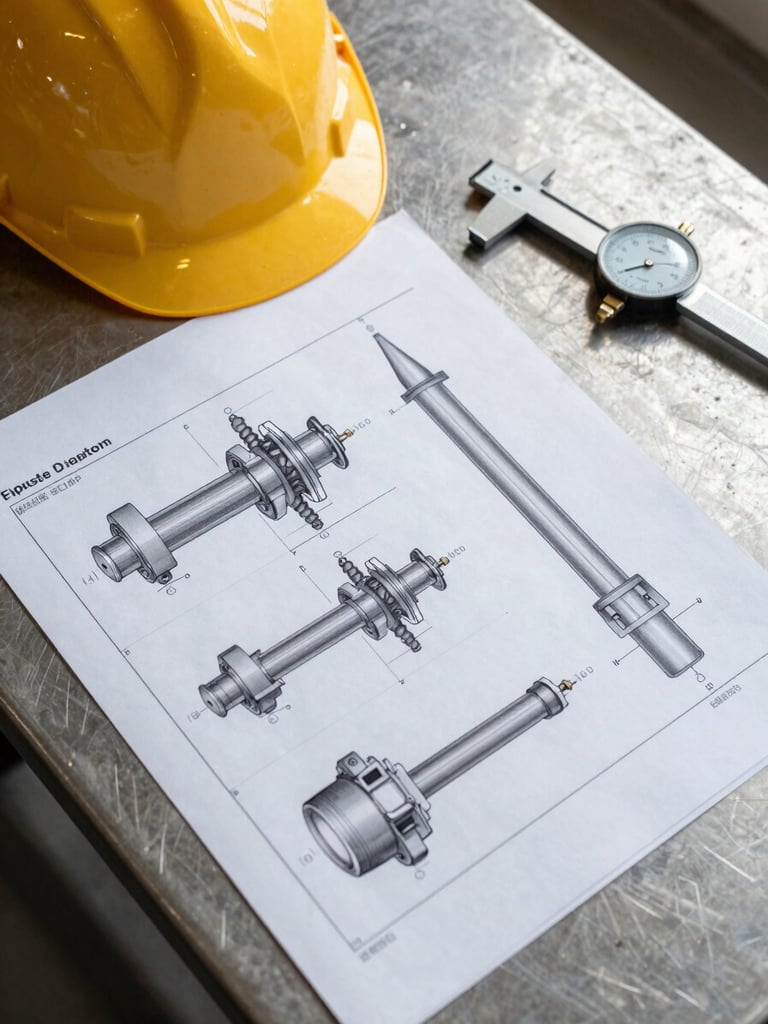 Close overhead shot of technical drilling documentation and well diagrams spread on a steel work table, a hard hat and calibration gauge resting at the edge, flat neutral industrial light, no people visible, documentary framing