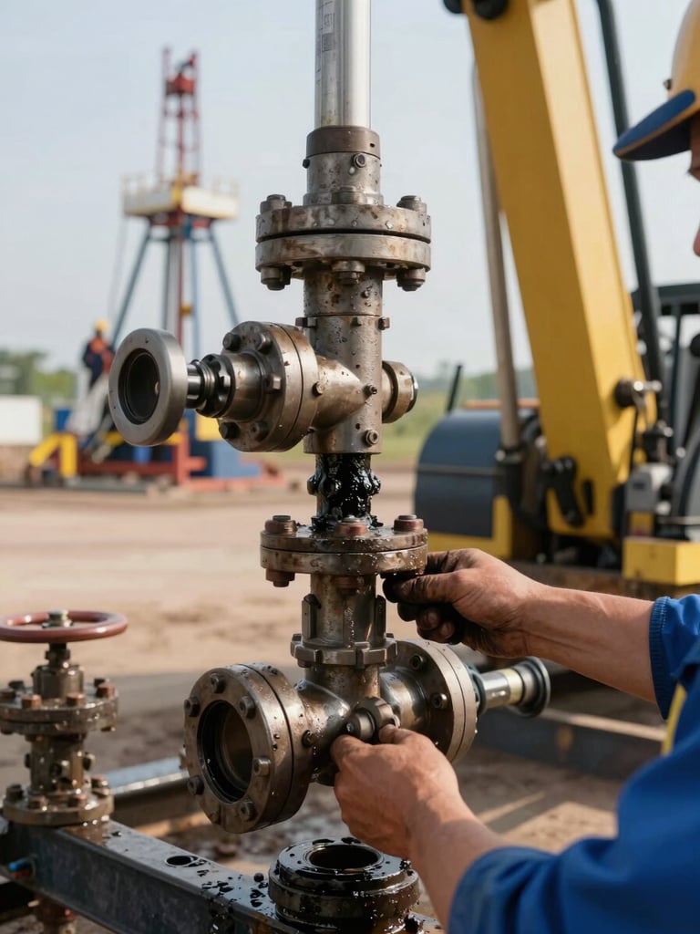 Close-up of a workover unit hydraulic arm and pipe rack on a well pad in flat daylight, crew hand adjusting a valve fitting in the foreground, steel surfaces with grease and operational wear visible
