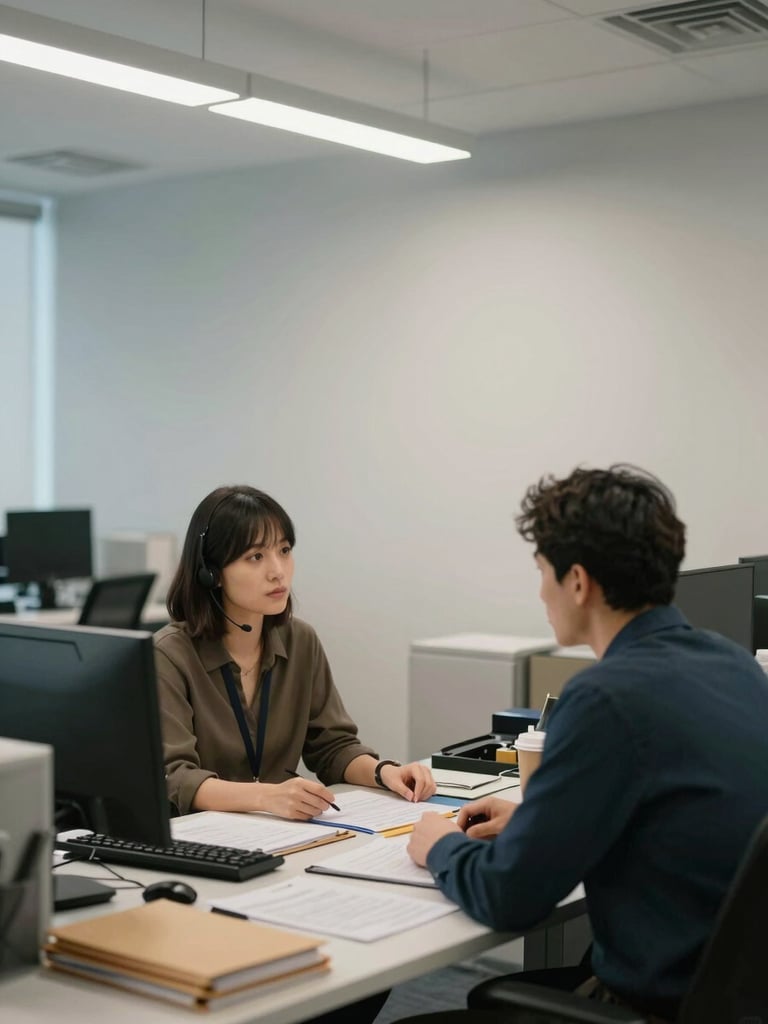 Wide medium shot of a calm, organized support office interior, two people seated across a table in conversation, soft overhead light, documents and folders visible on the desk surface, photographed from a three-quarter angle