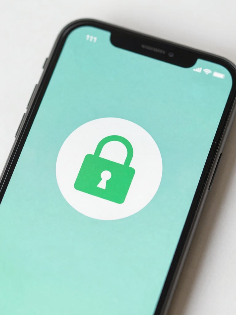 Close-up of a modern smartphone displaying a secure green lock icon on a clean teal interface, soft natural lighting