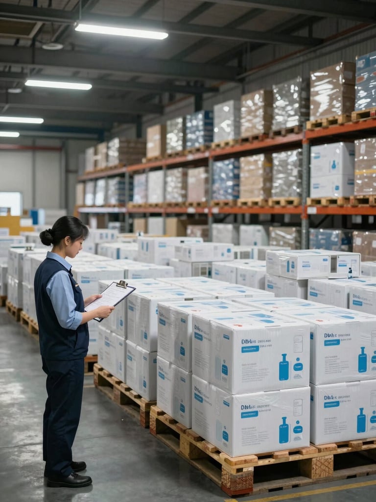 Wide environmental shot of a logistics distribution hub interior, cool fluorescent overhead lighting, pallets of medical supply crates arranged in orderly rows, a procurement officer reviewing a clipboard manifest in the foreground left, deep facility depth visible behind