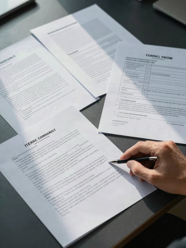 Overhead flat-lay of tender documents, contract pages, and supply manifests spread across a dark desk surface, cool north-facing office daylight, papers slightly overlapping, a hand resting at the lower-right corner reviewing a clause