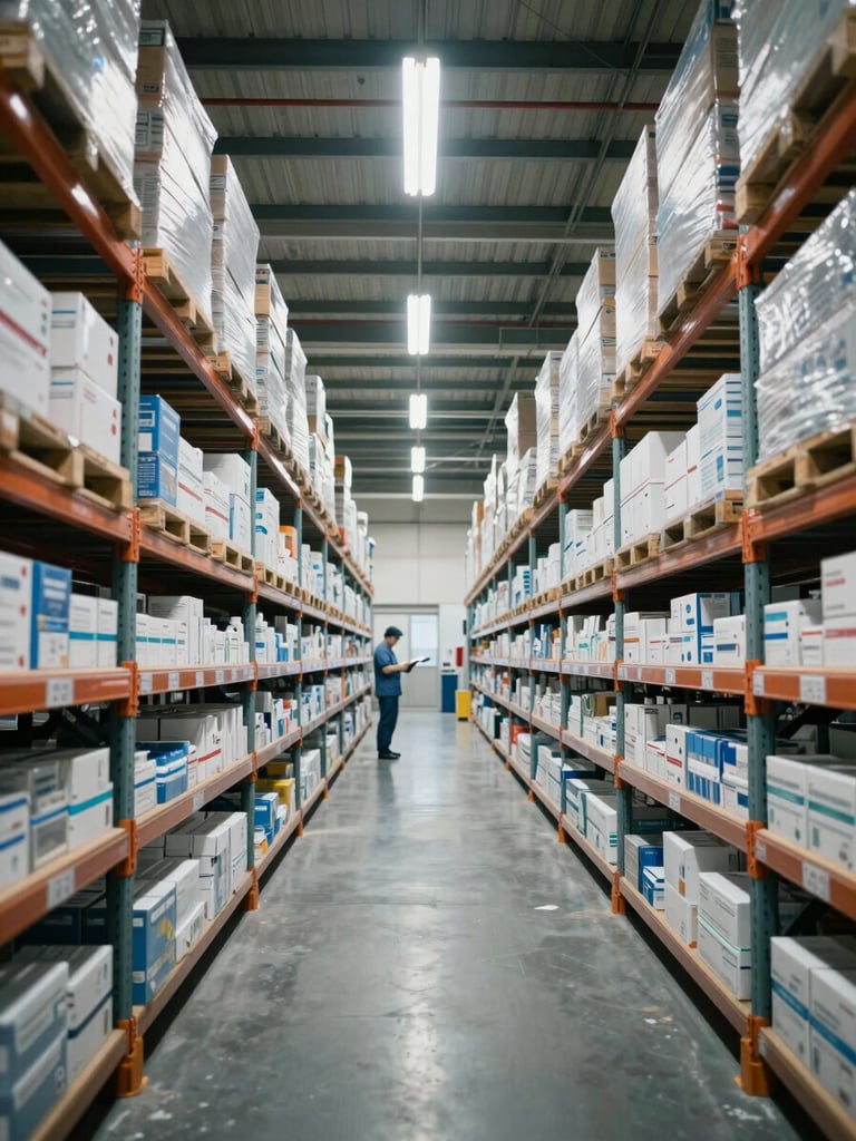 Wide environmental shot of a large distribution hub interior, cool fluorescent overhead lighting, rows of shelving with medical supply boxes visible, a worker in the far distance consulting a clipboard, high ceiling with industrial beams