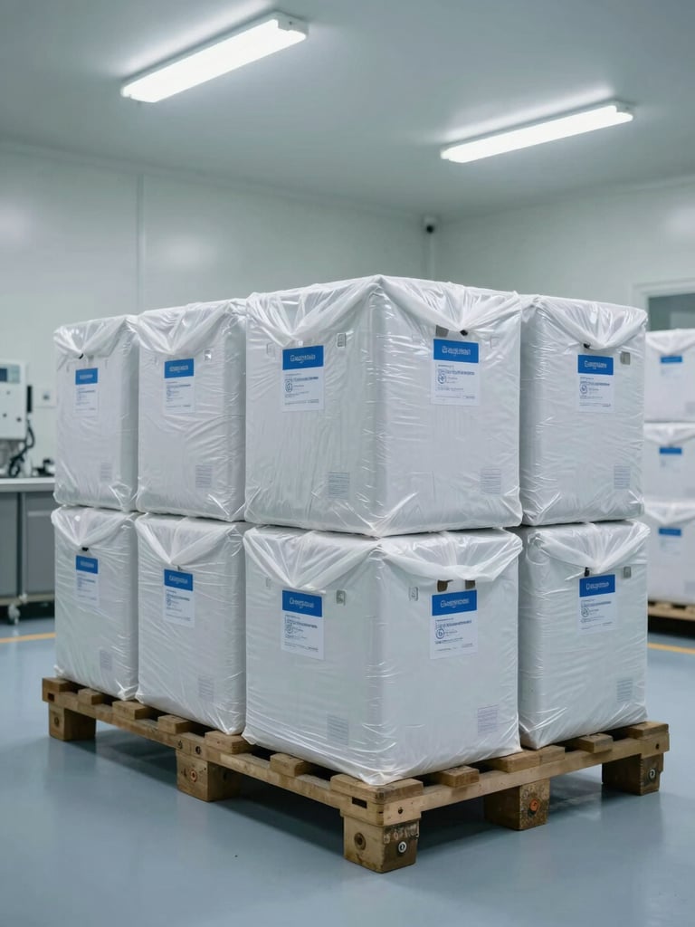 Wide environmental shot of a temperature-controlled pharmaceutical logistics bay, sealed medical supply crates on a steel pallet awaiting dispatch, fluorescent overhead lighting, clean clinical floor visible, no people
