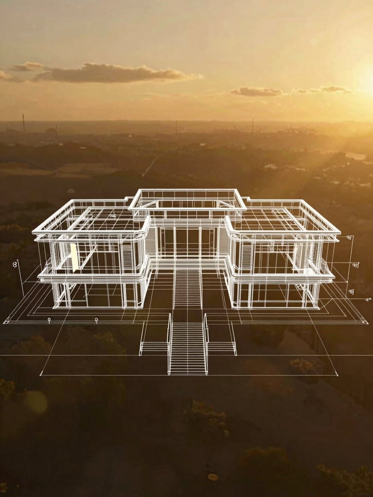 Symmetrical architectural blueprint of a modern luxury villa foundation, crisp white lines on a rich warm golden-hour background, sharp detail
