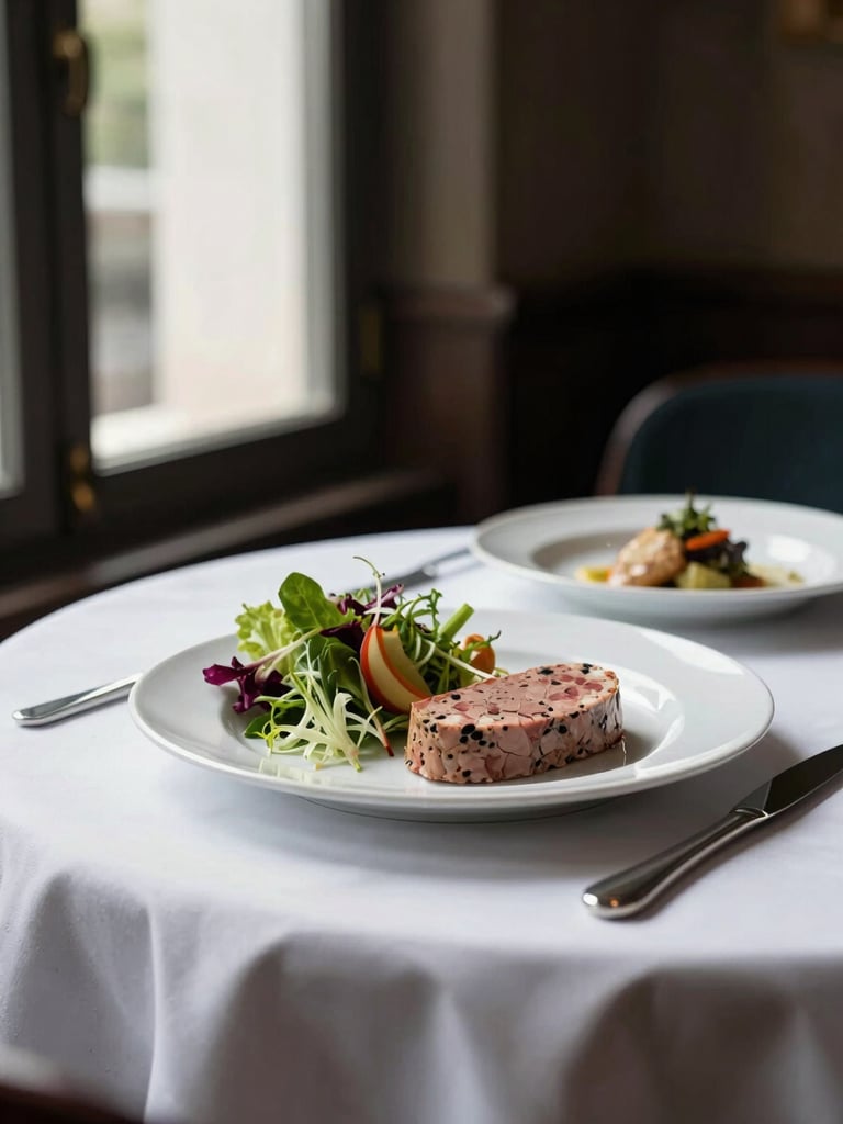 Three-quarter angle view of two finished plated starters on a white tablecloth — a composed salad and a terrine slice — under controlled daylight from a large window to the left, shallow depth of field, minimal props, no people