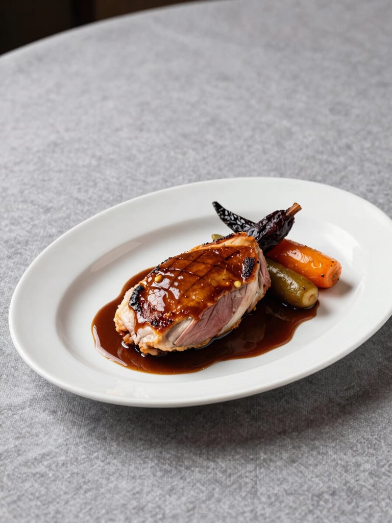 Three-quarter angle view of a plated main course — pan-roasted duck breast with roasted root vegetables and a dark jus reduction, white oval plate on a grey linen tablecloth, even daylit interior, no garnish excess, precise plating